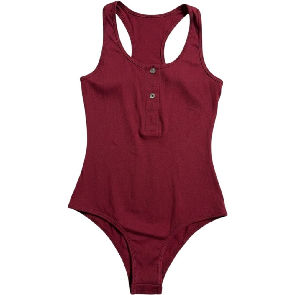 REORIA Women Burgundy Henley Ribbed Bodysuit Racerback Sleeveless Wine Red Small